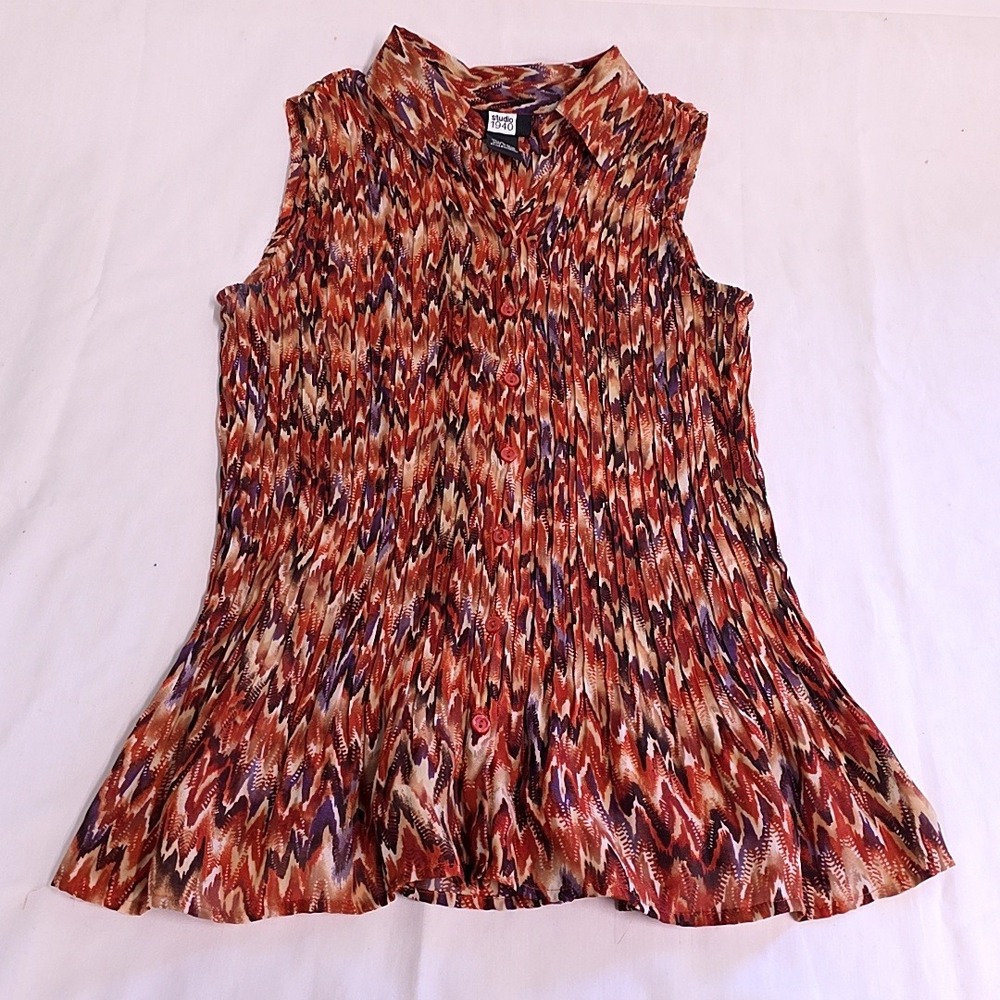 Vtg Studio 1940 Blouse Women M Multi Color Pleated Sleeveless Button Down Top